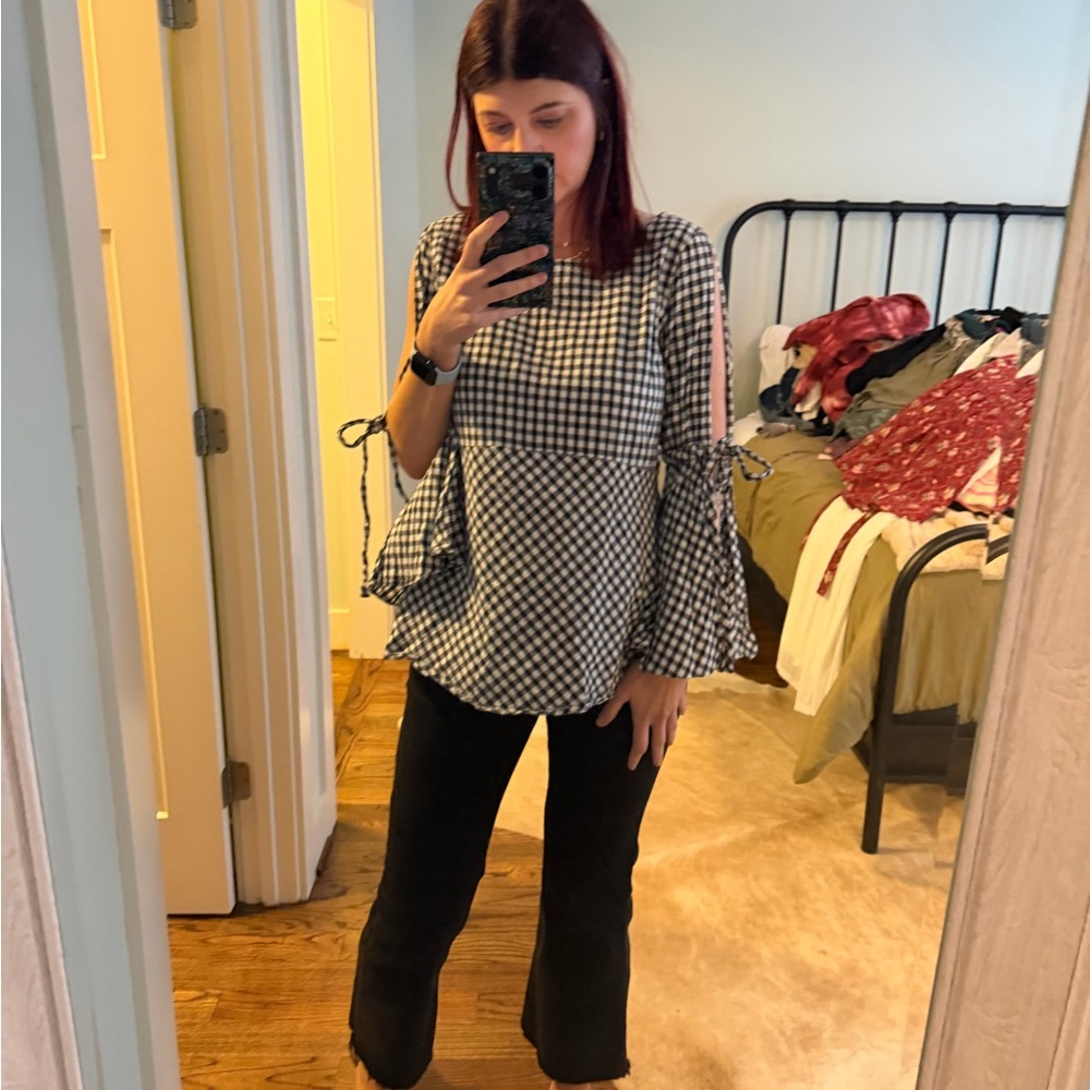 LOFT Black & White Gingham Bell Sleeve Top - size S